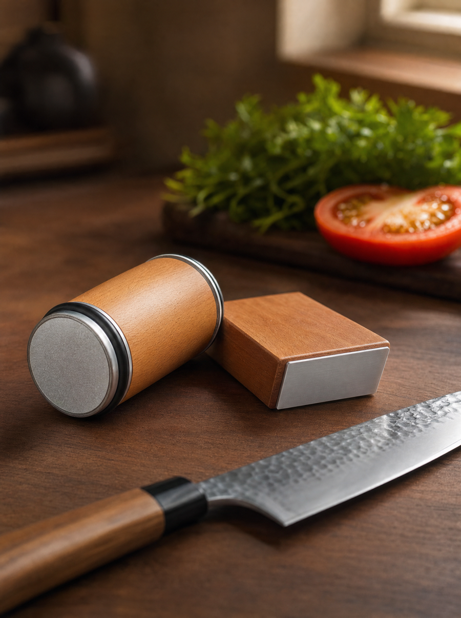 Aiguiseur KAEIRO en bois naturel posé dans une cuisine à côté d'un couteau de chef