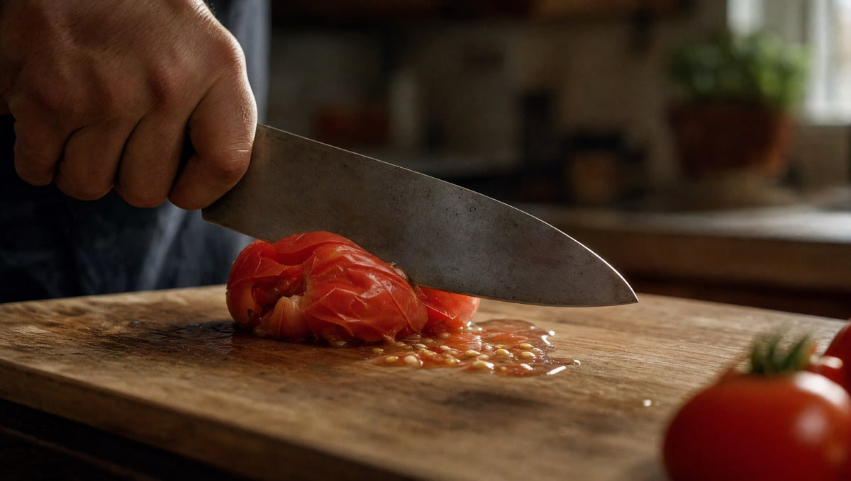 Un couteau émoussé qui écrase une tomate au lieu de la couper
